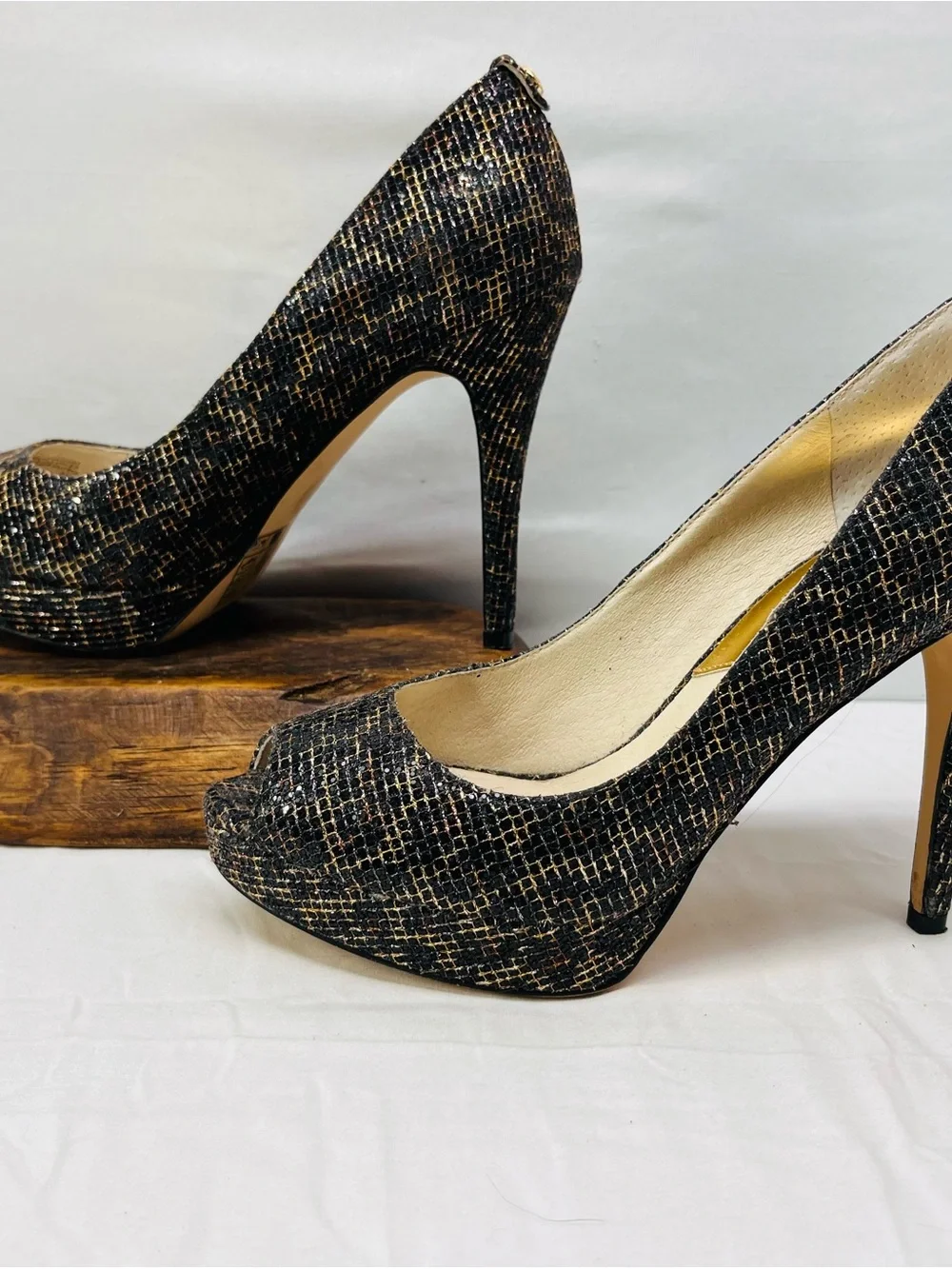 MICHAEL Michael Kors Black and Gold Textured Peep-Toe Heels